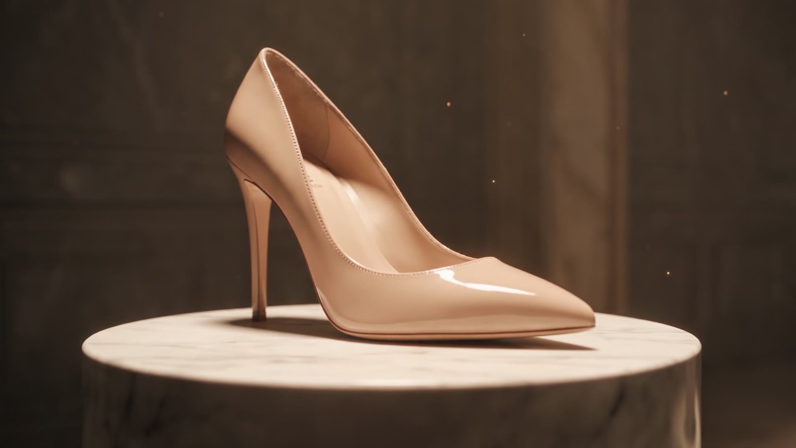 A nude stiletto heel on a marble pedestal in a champagne-lit gallery.